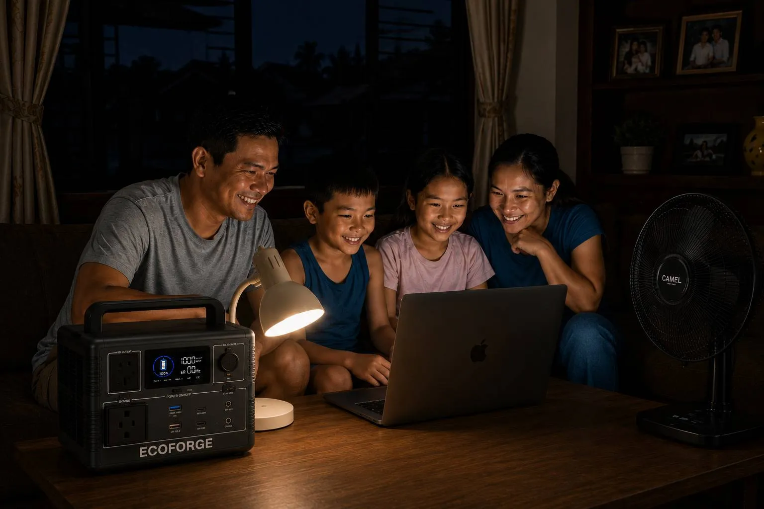 Filipino family using an Ecoforge power bank to power lights and devices during a brownout